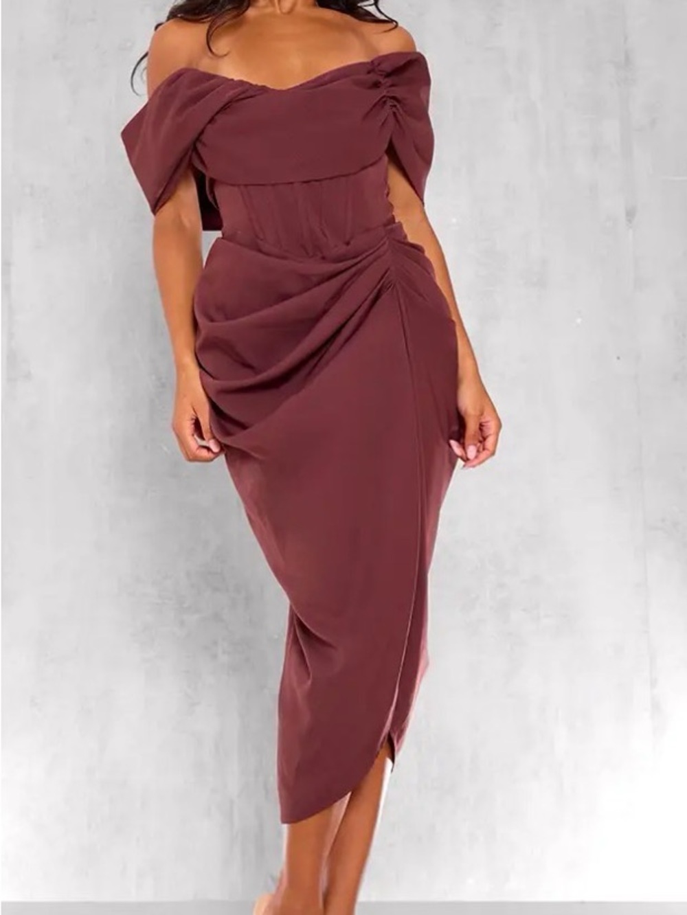 PrettyLittleThing Corset Off-Shoulder Ruched Midi Dress